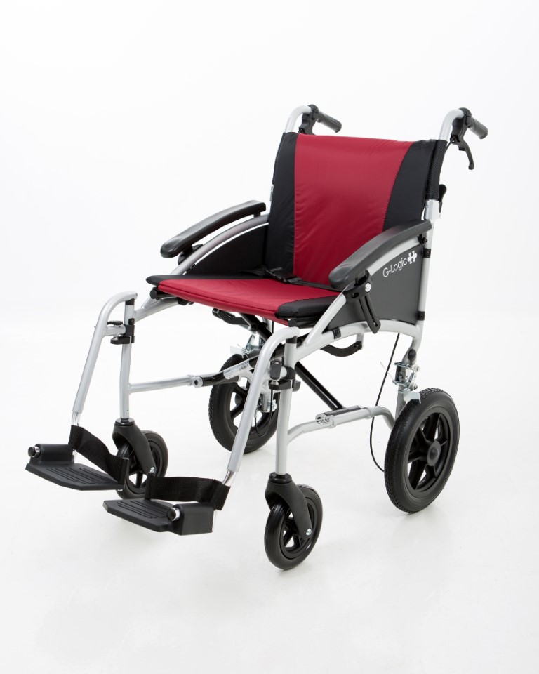 Excel G-Logic Lightweight Transit Wheelchair With Silver Frame and Red Upholstery 18'' Standard Seat